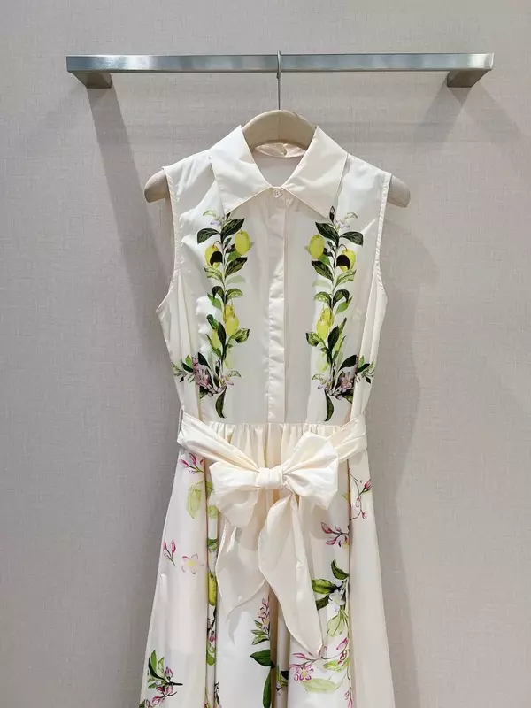 Colete com estampa de posição floral feminino Vestido Midi, algodão, laço automático, sem mangas, branco, limão, verão, novo