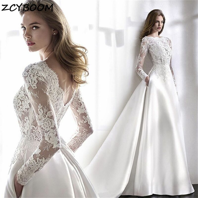 Elegancka koronka satynowe pełne rękawy z okrągłym dekoltem z kieszonkową suknią ślubną dla kobiet 2024 dworski pociąg suknia ślubna Vestido De Noiva