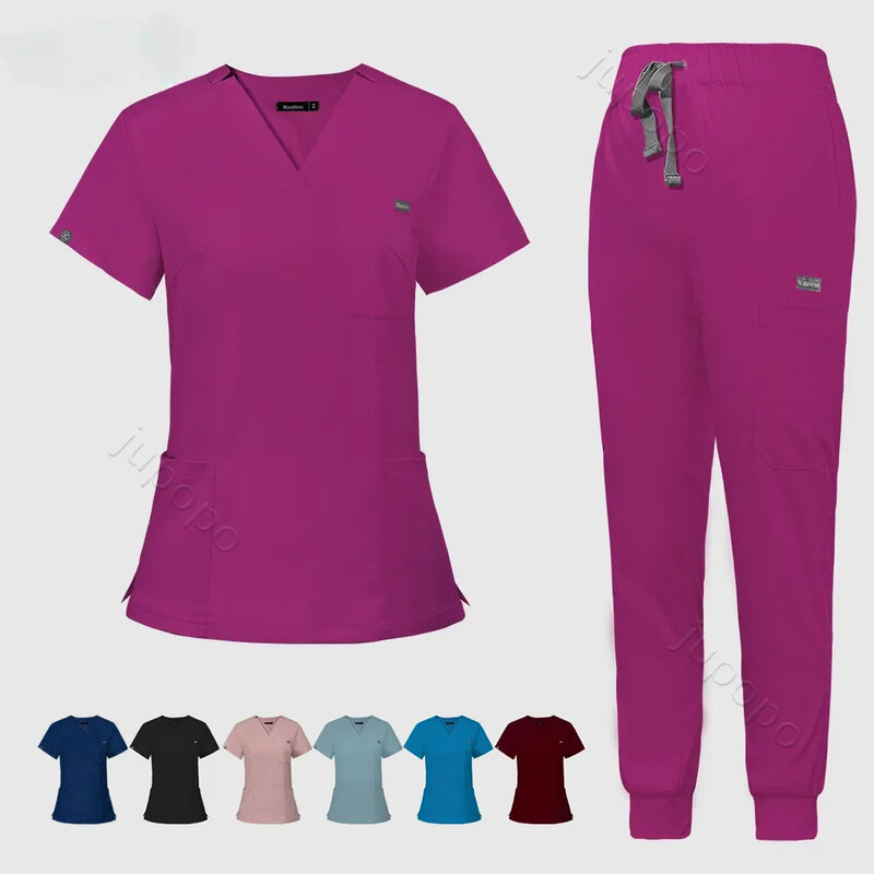المرأة متعددة الألوان قصيرة الأكمام فرك مجموعة ، بلوزات وسراويل ، الزي الرسمي التمريض ، متجر الحيوانات الأليفة ، الطبيب ، ملابس العمل الجراحية الطبية