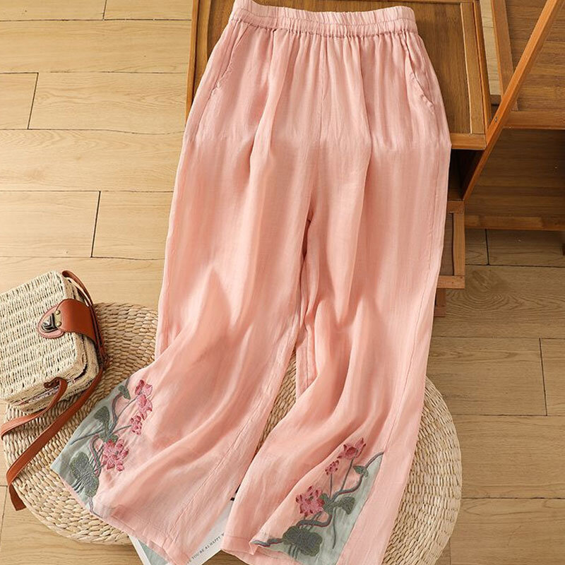 Calça de bolsos básica com elástico de cintura alta feminina, calça folclórica bordada, casual vintage, perna larga, solta, moda verão