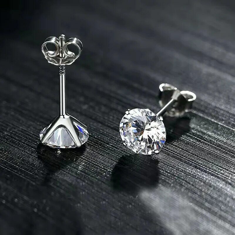 S925 스털링 실버 남녀공용 4 클로 귀걸이, 지르콘 귀걸이, 작고 심플한 스타일 메쉬 레드 다이아몬드 귀걸이