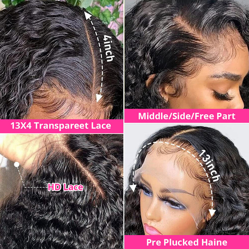 Perruque Lace Front Wig sans colle naturelle ondulée, cheveux humains, Deep Wave, HD, 13x6, 13x4, 40 pouces, densité 250