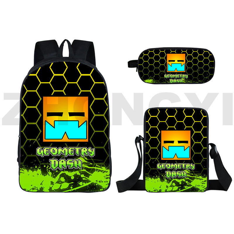 Angry Game 3D 16 Inch Geometry Dash Backpack for Women Cute Cartoon Children Japanese Bag Large Capacity Canvas Daily Packbag