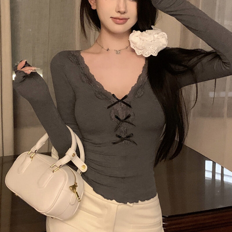 Crop Top Women T-shirts Daily Dating Breathable Lace Bow Long Sleeve Quick-drying Slim Solid Color V-neck Vintage