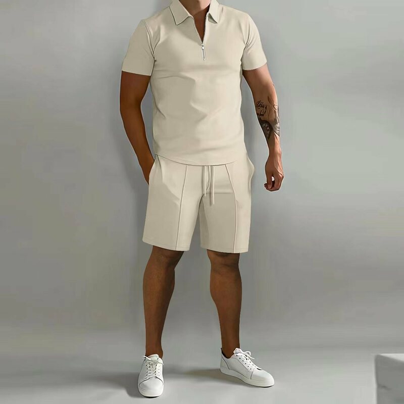 단색 데일리 여름 남성용 반바지 세트, 캐주얼 지퍼 라펠 반팔 티셔츠, 2 피스 운동복 세트