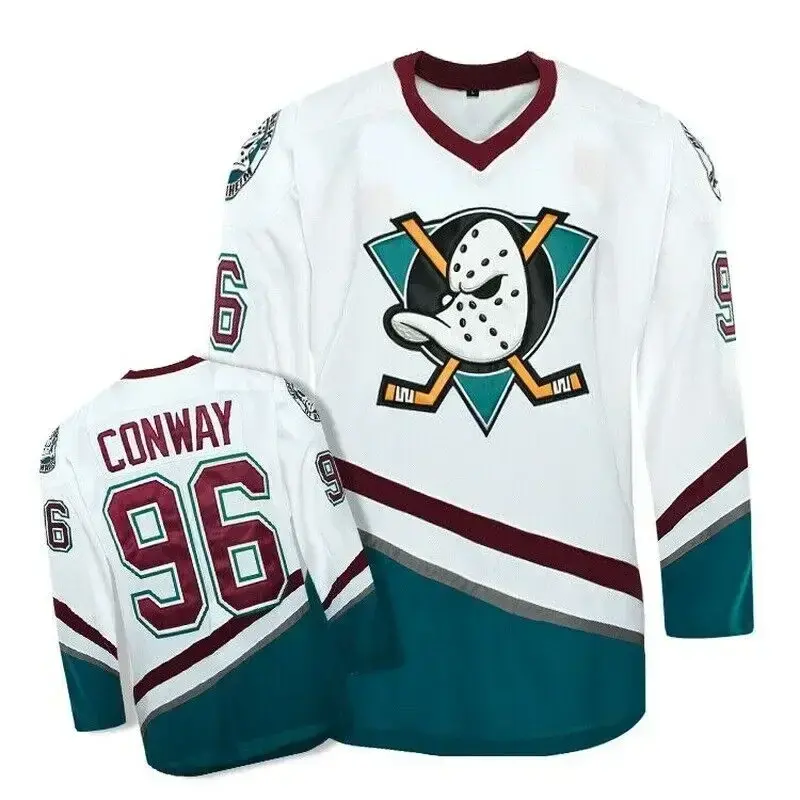 Os Patos Poderosos Filme Ice Hockey Jersey, Costurado Branco Manga Longa, Conway 96 Bancos 99 #