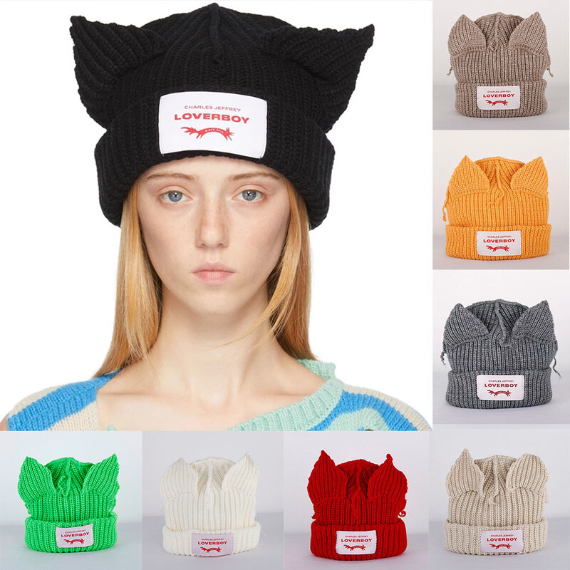 2023 Loverboy Cat Ear Knit Hat solid Warm Pig Ear Woolen Hat Cute Fashion Hooded Cap Niche Design Hip-hop Personality Cold Hat