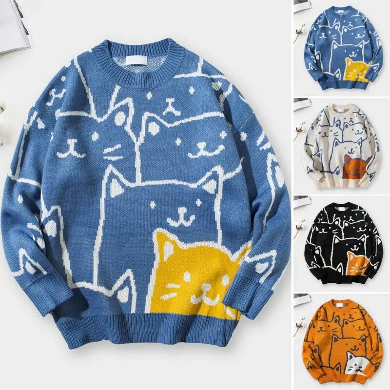 日本のレトロな長袖セーター,原宿漫画の猫のニットセーター,特大のヴィンテージトップス,冬