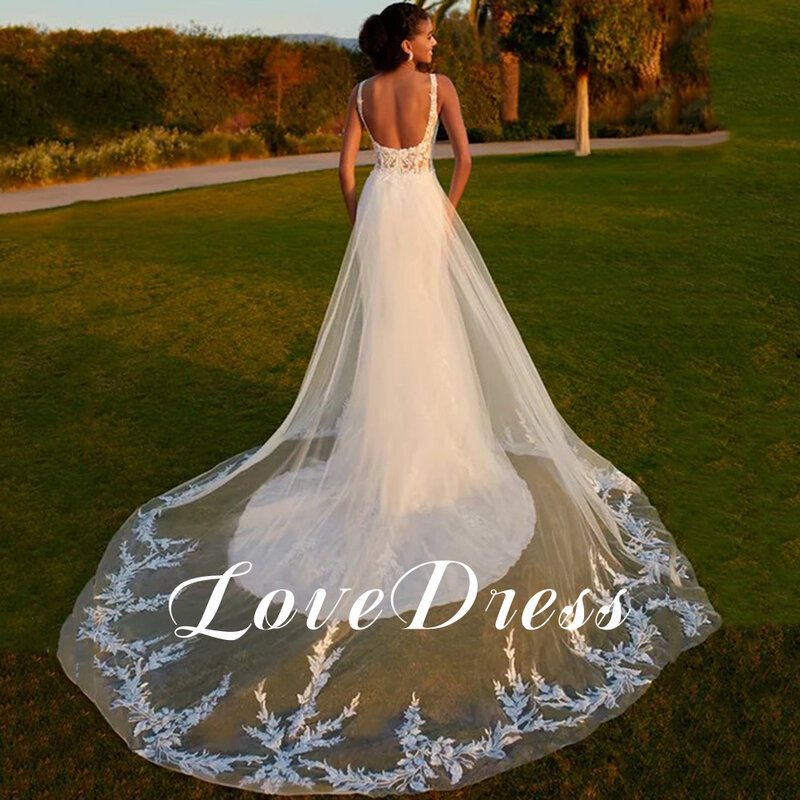 Женское свадебное платье со съемным шлейфом, сексуальное кружевное платье без рукавов, с квадратным вырезом, в стиле бохо, с открытой спиной