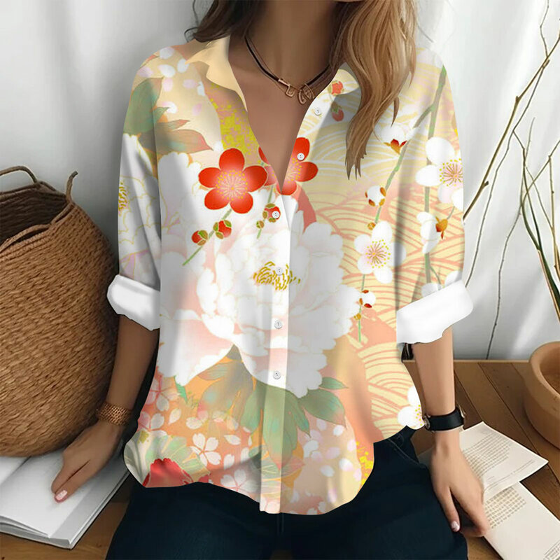 Camisas y blusas con estampado de hojas para mujer, camisa informal elegante de manga larga, camisas sueltas de verano