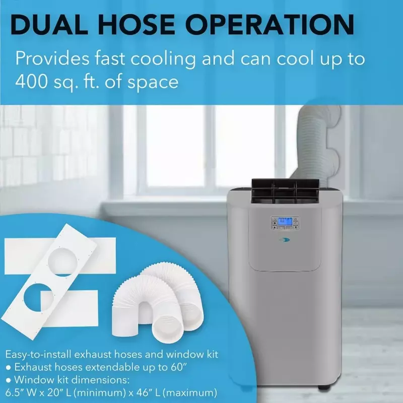12,000 (7,000 BTU SACC) Elite Dual Hose Portable Air Conditioner Dehumidifier, Fan and Storage Bag, up to 400 sq ft, Grey