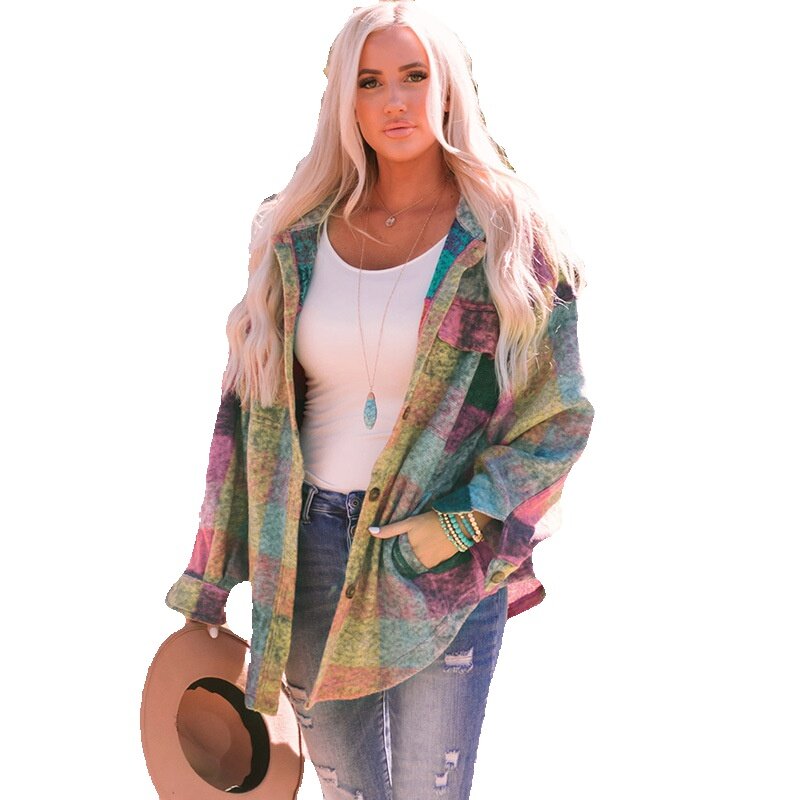 2023 Autumn New Loose Multi Color Long Sleeve Coat Women's Casual Brushed Plaid Jacket