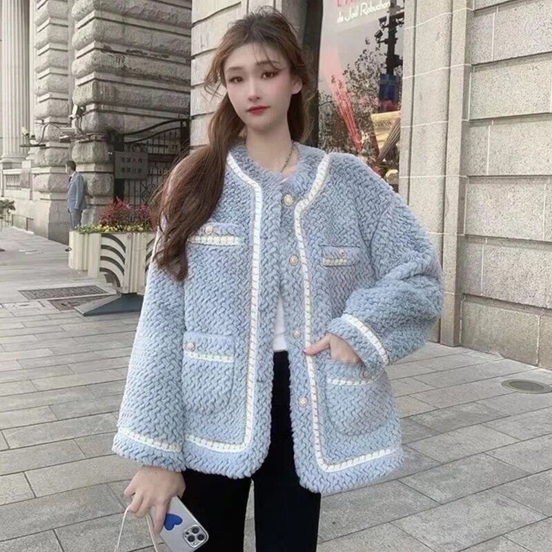 2024 New Lamb Wool Coat Women's Autumn Winter Small Fragrance Jacket High Quality Outwear Padded Imitation Fur Coats Ladies Tops