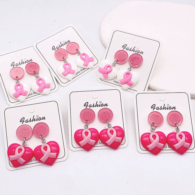 1 para różowa wstążka w kształcie Treadrop wisząca kolczyk z motywem piersi świadomość raka dla ocalałych biżuteria dla kobiet sprzedaż hurtowa