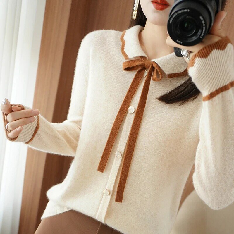 여성용 스퀘어 칼라 긴팔 니트 코트, 100% 메리노 울 스웨터, 한국 패션, 여성 상의, 용수철 신상 패션