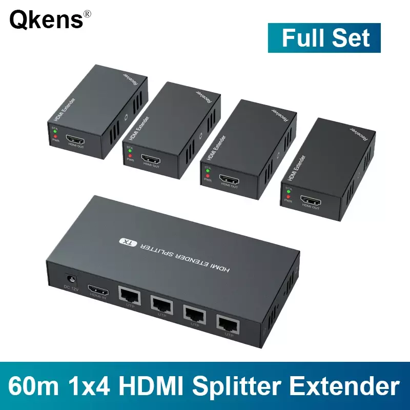 HDMI Extender Splitter, 1 a 4 Kit Transmissor e Receptor, Conversor de Vídeo, Sobre Cat5e Cat6 RJ45 Cabo Ethernet, 1080P 60m, 1x4