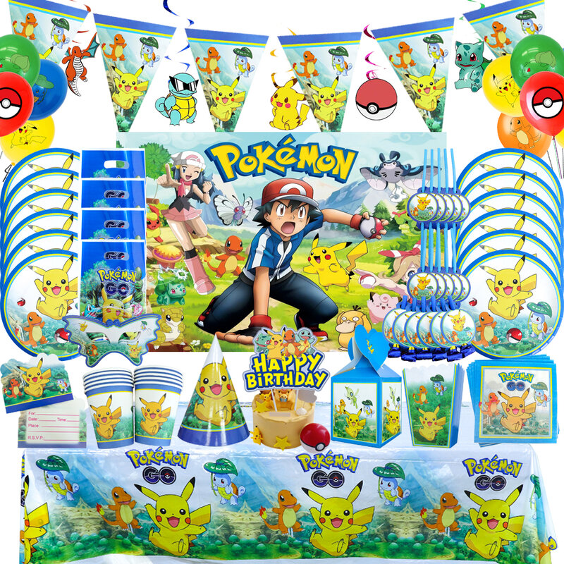 Suministros de cumpleaños de Pokémon, vasos, platos, servilletas, pancarta para niños de 1, 2 y 3 años, globos de Pikachu, decoraciones para fiesta de cumpleaños, Baby Shower
