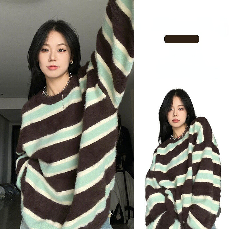 2023 Striped Color Blocked Round Neck Sweater Women Autumn and Winter Loose Korean Style Knitted Tops Sweater Women Clothing J14
