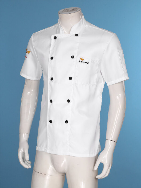 Chef casaco bordado manga curta feminino, uniforme de cozinheiro de cozinha com bolsos, gola alta, jaqueta trespassado, memes