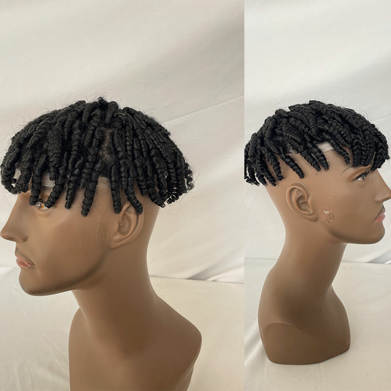 8 mm Afro Curl Twist Crochet Braids Hair for Black Men Toupee 100% Human Hair Thin Skin Full PU V Loop Wigs for Man Jet Black 1#