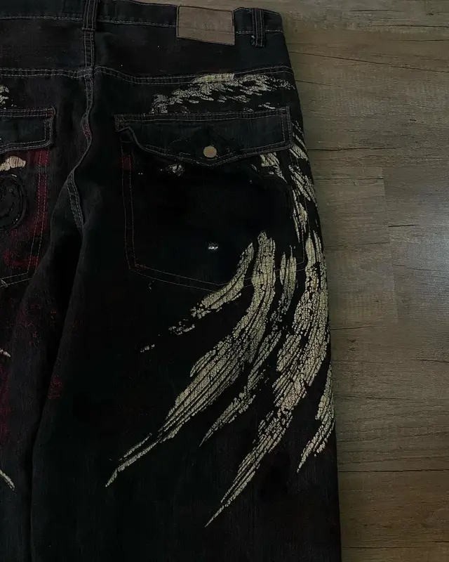 Retro Wing Streetwear Y2K Jeans Harajuku Hip Hop wzorzysty haft z nadrukiem workowate dżinsy spodnie gotyckie szerokie spodnie z wysokim stanem