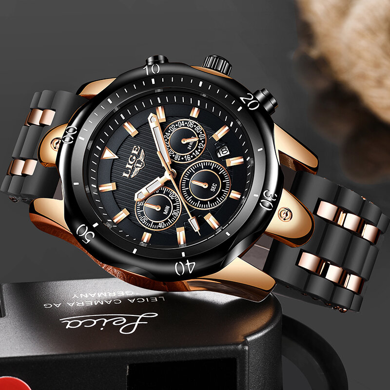 LIGE-Montre de sport en silicone pour homme, montre-bracelet militaire à quartz, chronographe, horloge masculine, boîte
