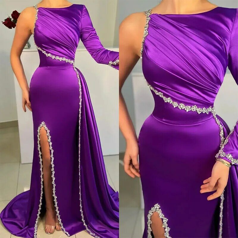 Elegante vestido de noche púrpura, un hombro dividido, fiesta de graduación, tren de barrido, vestido Formal para alfombra roja, ocasión especial