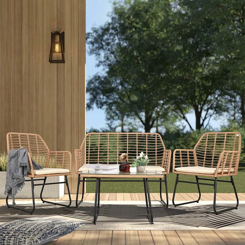Conjunto de muebles de mimbre de cuerda Bohemia para Patio exterior, conjunto de muebles para terraza, porche, color Beige, 4 piezas
