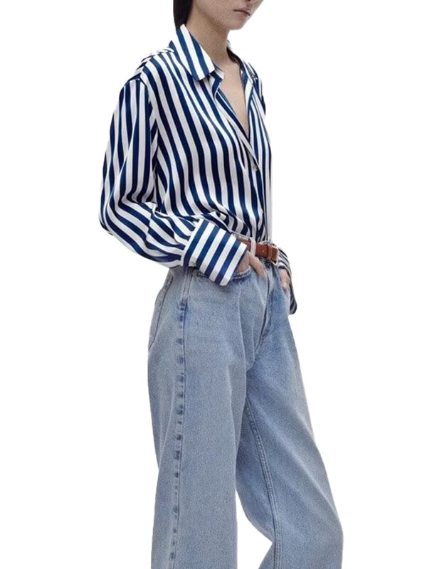 Frauen neue Mode lose gestreifte asymmetrische lässige Blusen Vintage Langarm Button-up weibliche Hemden schicke Tops