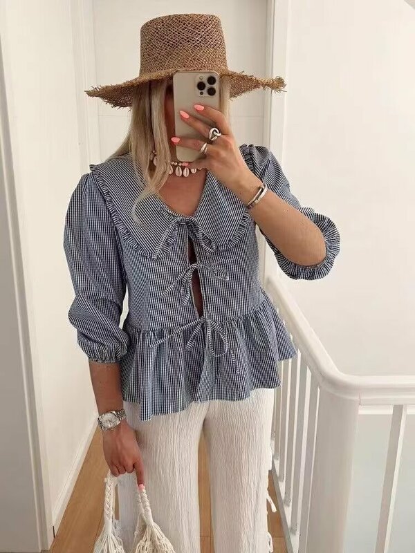 Women's 2024 New Fashion Short Doll Neck Pleated Striped Women's Shirt Vintage Long sleeved Lace up Women's Shirt Chic Top