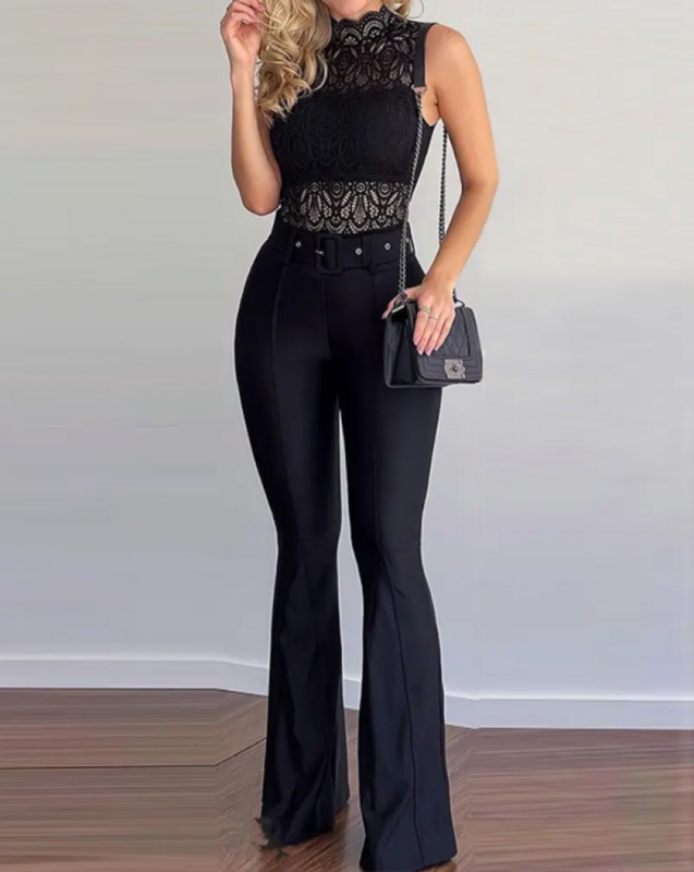 2022 Summer Fashion New Office Woman Suit 2 Piece Sets Womens Outfits Sexy Sleeveless Lace Top & Bootcut Pants Set with Belt