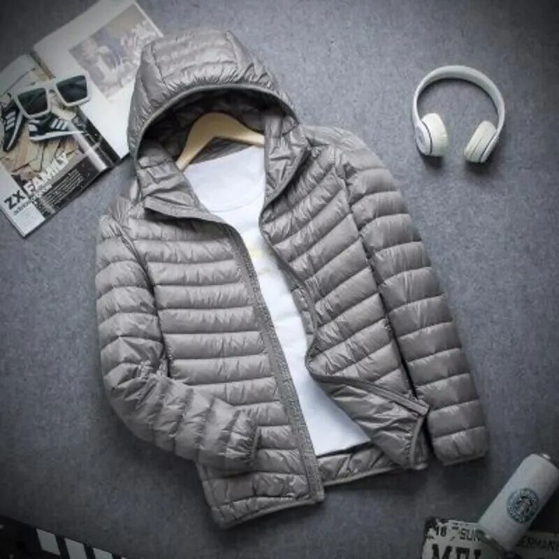 Jaqueta super leve para homens, casaco com capuz térmico, casaco leve de penas, 90% pato branco, novo, 1987, 2022