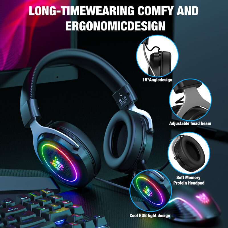 ONIKUMA RGB Gaming Kopfhörer mit Abnehmbare Flexible HD Mikrofon Dynamische RBG Licht Komfortable Wired Headset für PC Gamer