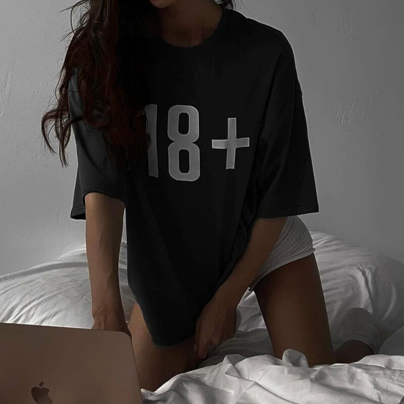 Camiseta corta estampada para mujer, Top informal holgado de media manga con cuello redondo, Color de contraste minimalista, Instagram, novedad de verano