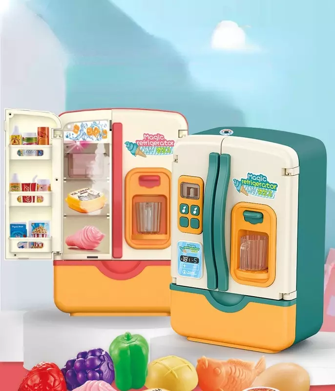 Crianças brinquedo geladeira acessórios com dispensador de gelo papel jogando aparelho para crianças cozinha conjunto de alimentos brinquedos para crianças presente