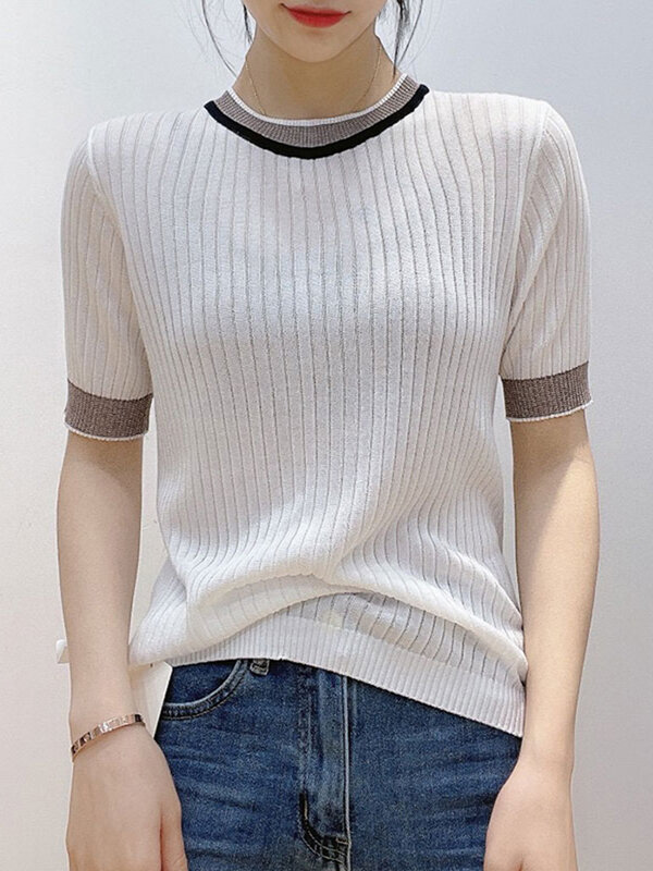Pull rayé fin à manches courtes pour femme, haut tricoté, couleur contrastée, été 2022