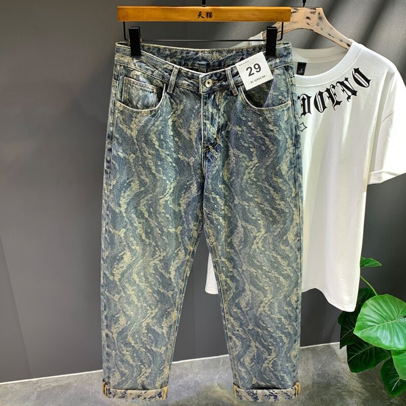 Jeans à imprimé jacquard pour hommes, High Street ChimAmerican, Full Print, Straight, btWide Leg Pants