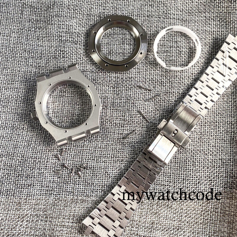 42mm Edelstahl Achteckige Design Gebürstet Uhr Fall Armband Sapphire Glas Fit NH35 NH36 NH34 Bewegung Glas Gehäuseboden