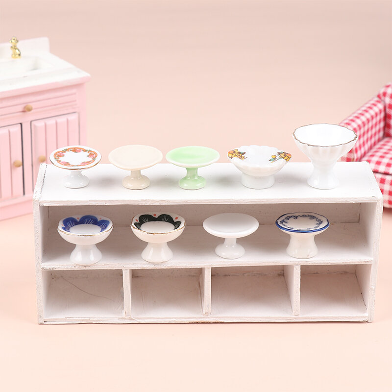 1Pc Dollhouse Miniature Ceramic Fruit Dish Plate Tall Tray Cake Plate Tableware Kitchen Model Decor Toy Doll House Accessories