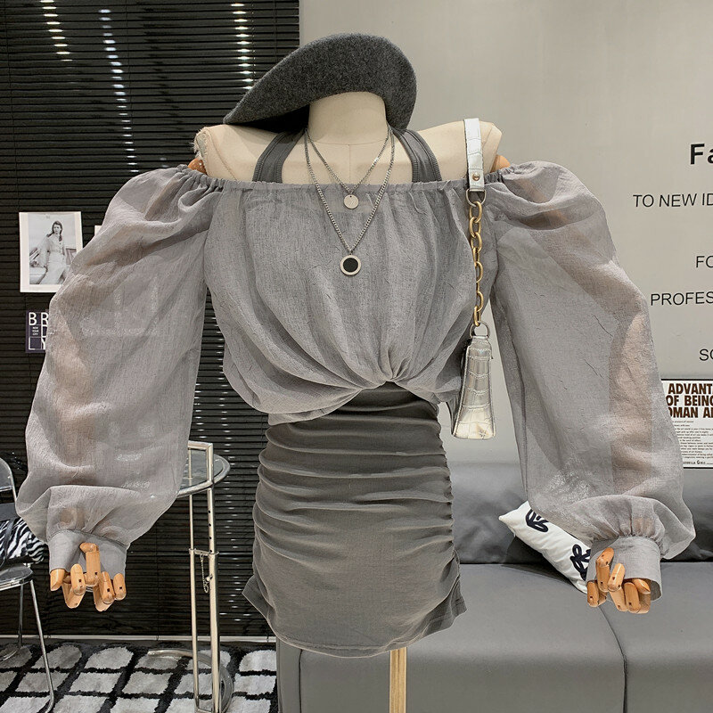 Летняя Милая однотонная свободная Солнцезащитная рубашка с открытыми плечами + соблазнительное облегающее платье с подвеской на шее, комплект из двух предметов