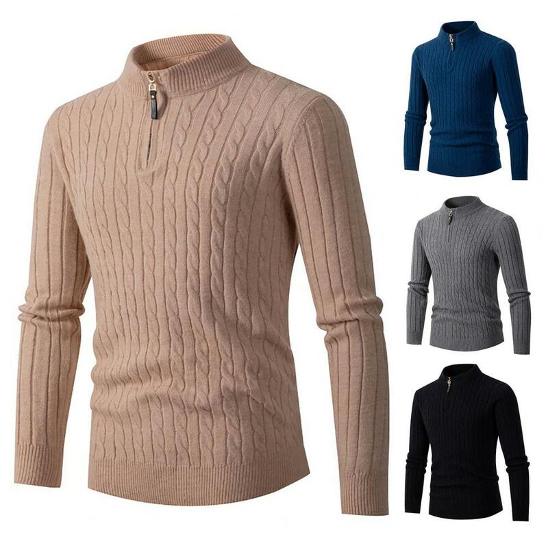 남성용 하프 하이 칼라 트위스트 패턴 스웨터, 두꺼운 지퍼, 단색, 따뜻한 슬림 핏, 캐주얼 겨울 스웨터, 데일리 웨어, 가을
