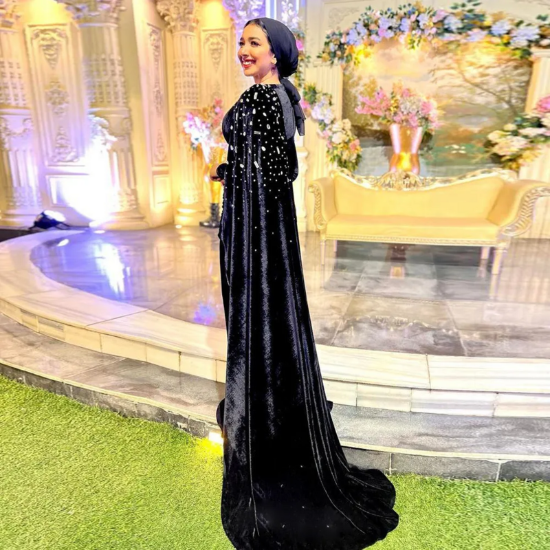 Jirocum Velvet Muslim Prom Dress Women Long Sleeve Mermaid Party Evening Gown Crystal Floor Length Formal Occasion Dresses 2024