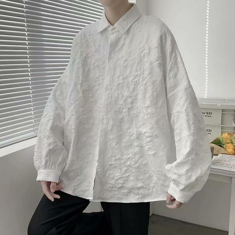 Men Embossed Floral Shirt Men's Floral Rilievo Applique Cardigan Single-breasted Streetwear Top with Loose Fit Long for Fall