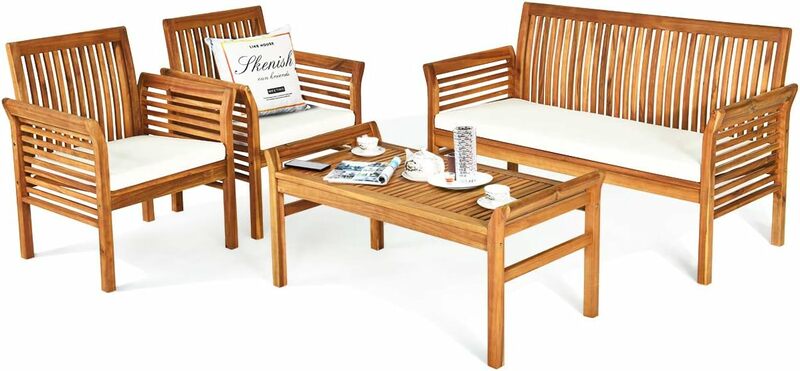 Outdoor Acacia Madeira Sofá Conjunto com Water Resistant Almofadas, Padded Pátio Conversação Mesa e cadeira Set, Coffee Table, 4 PCs, 8 PCs