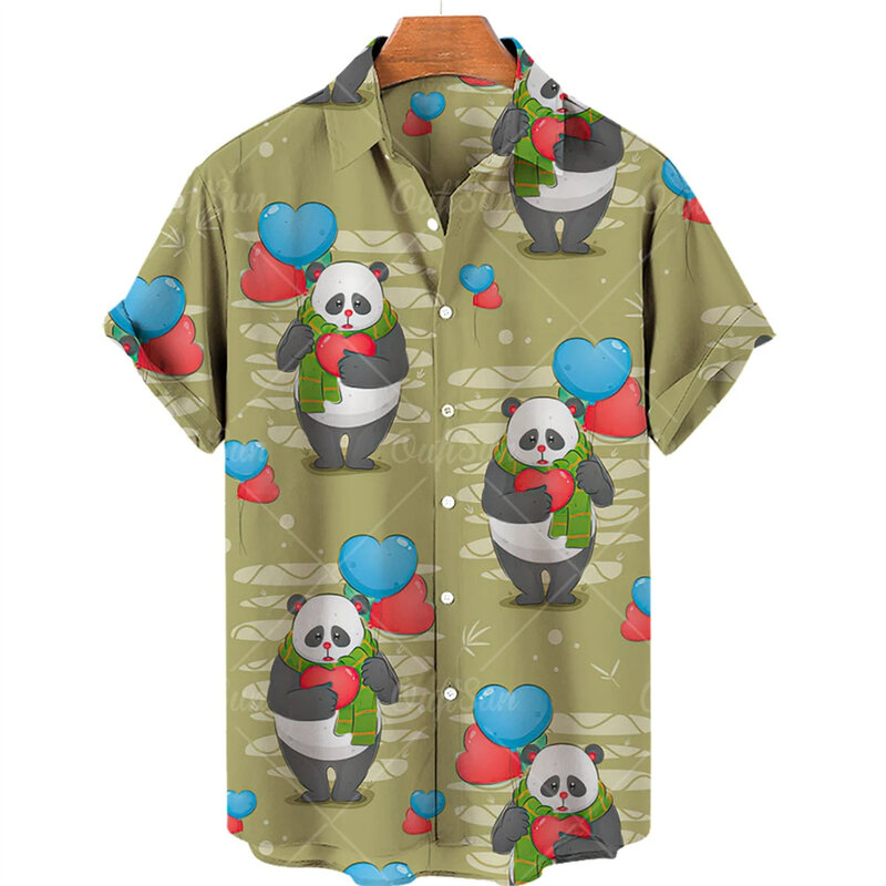 Camisa con estampado de Panda en 3d para hombre, camisa informal de manga corta con botones, talla grande