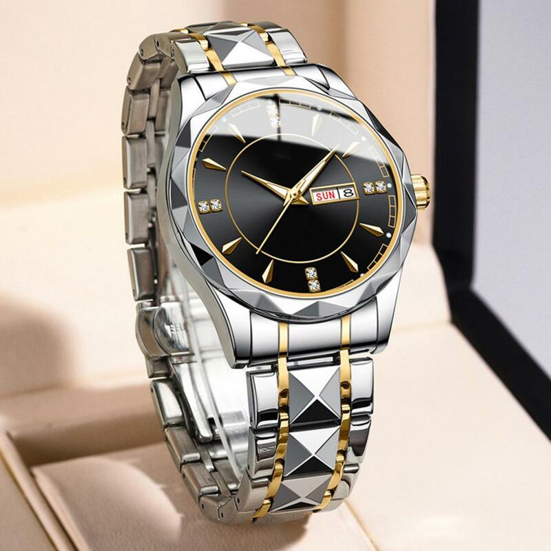 Men Watch with Stainless Steel Band Man Wristwatch Round Dial Date Display Rhinestone Luxury Quartz Watch for Men Watches