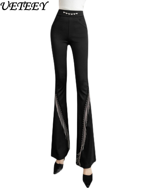 Calça feminina com corrente de diamante, cintura ultra alta, calça casual bootleg, calça preta borla, indústria pesada, outono