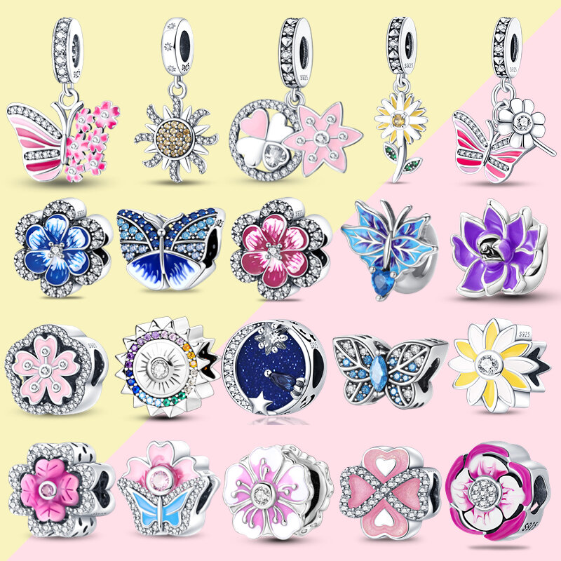 100% 925 Sterling Silver Sparkling Butterfly Flower Beads Charm per originale Pandora Bangle bracciale creazione di gioielli Boutique fai da te