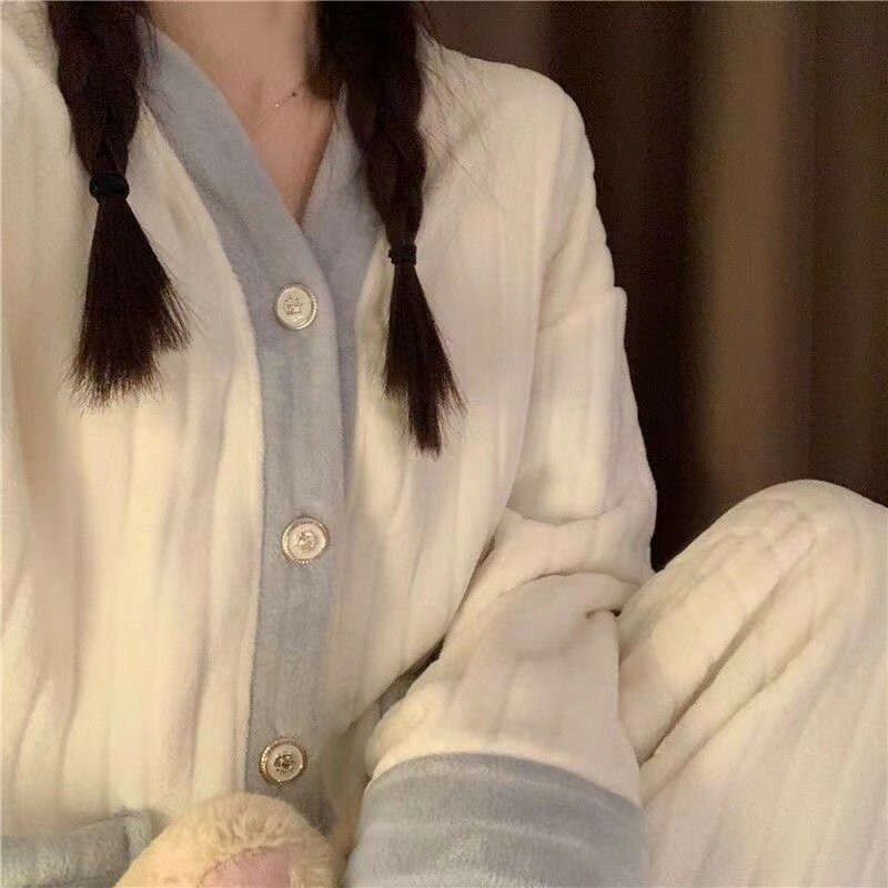 Conjunto de pijama de flanela quente, veludo coral, decote em v, minimalista, copa, contraste azul, roupas domésticas, outono e inverno