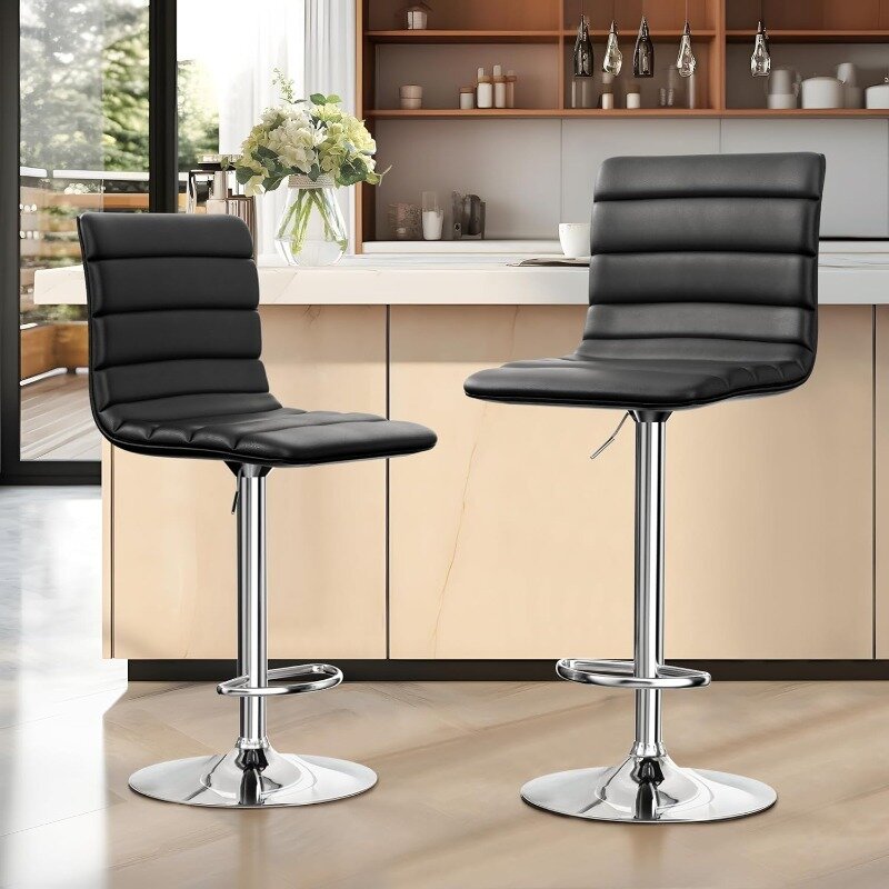 บาร์สตูลหนัง PU แบบปรับได้เก้าอี้สตูลหมุนได้ชุดเก้าอี้สตูลเคาน์เตอร์ห้องครัว2ชิ้น (สีดำ)